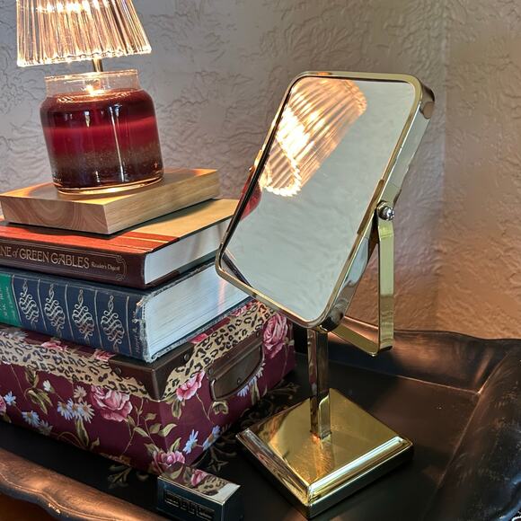 Mid-Century Brass Vanity Mirror on Pedestal Stand – Rectangular Tilt Design - Picture 8 of 14